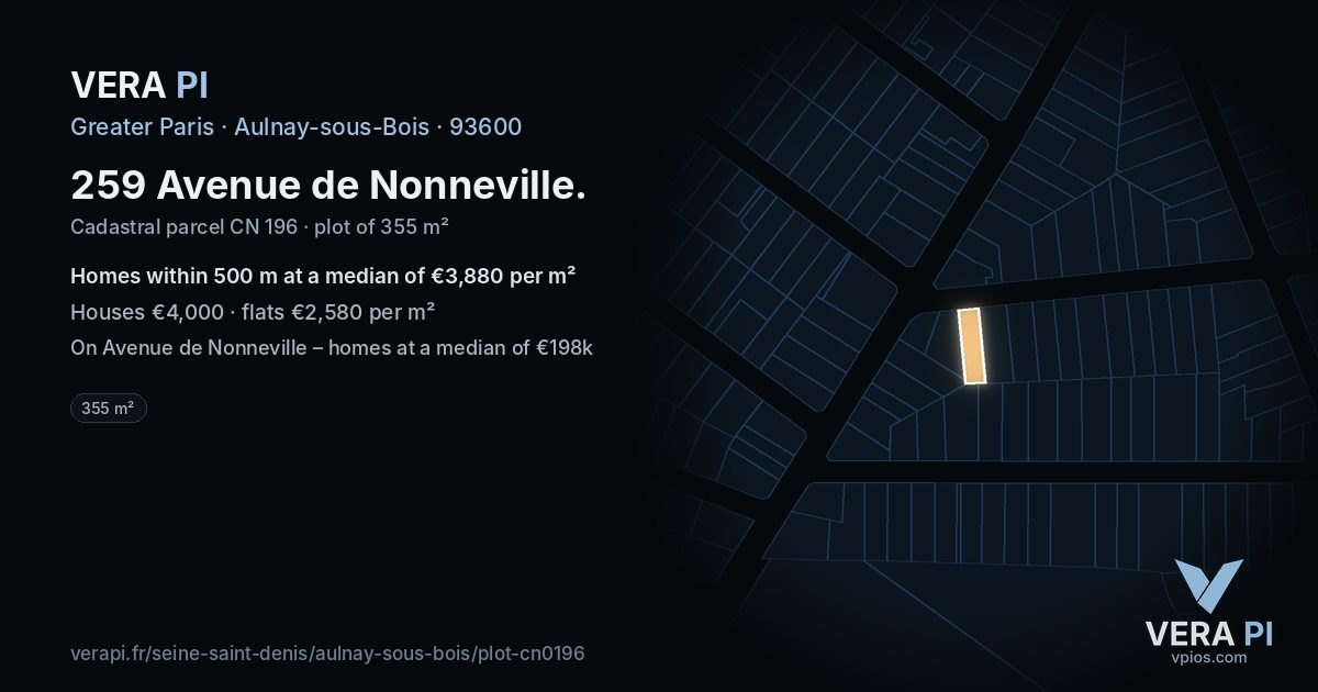259 Avenue de Nonneville, Aulnay-sous-Bois at night – the plot lit, the parcels around coloured by the prices near them