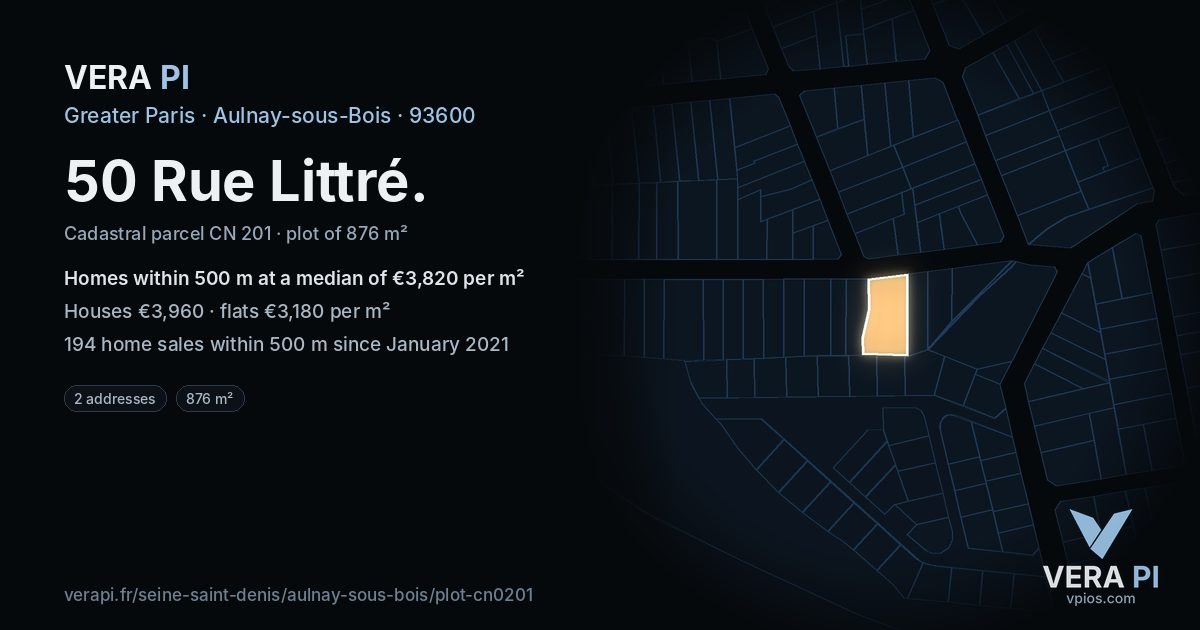 50 Rue Littré, Aulnay-sous-Bois at night – the plot lit, the parcels around coloured by the prices near them