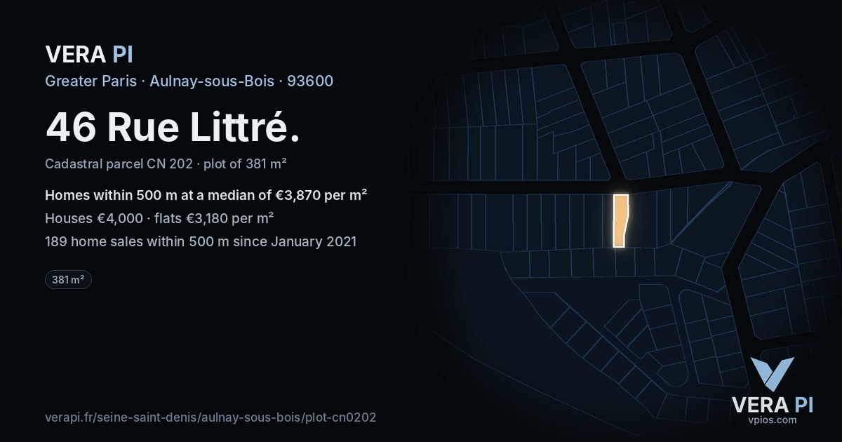 46 Rue Littré, Aulnay-sous-Bois at night – the plot lit, the parcels around coloured by the prices near them