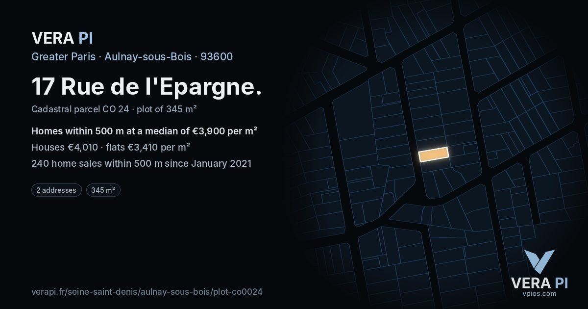 17 Rue de l'Epargne, Aulnay-sous-Bois at night – the plot lit, the parcels around coloured by the prices near them
