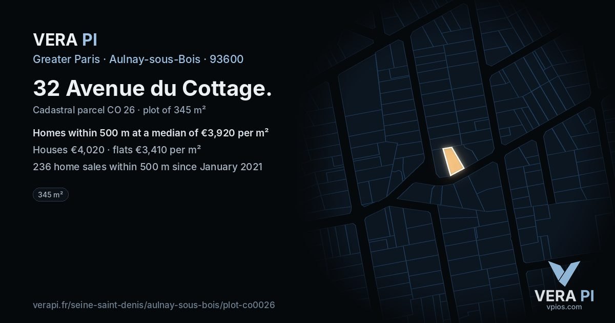 32 Avenue du Cottage, Aulnay-sous-Bois at night – the plot lit, the parcels around coloured by the prices near them