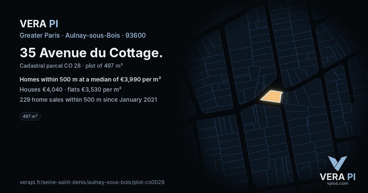 35 Avenue du Cottage, Aulnay-sous-Bois at night – the plot lit, the parcels around coloured by the prices near them