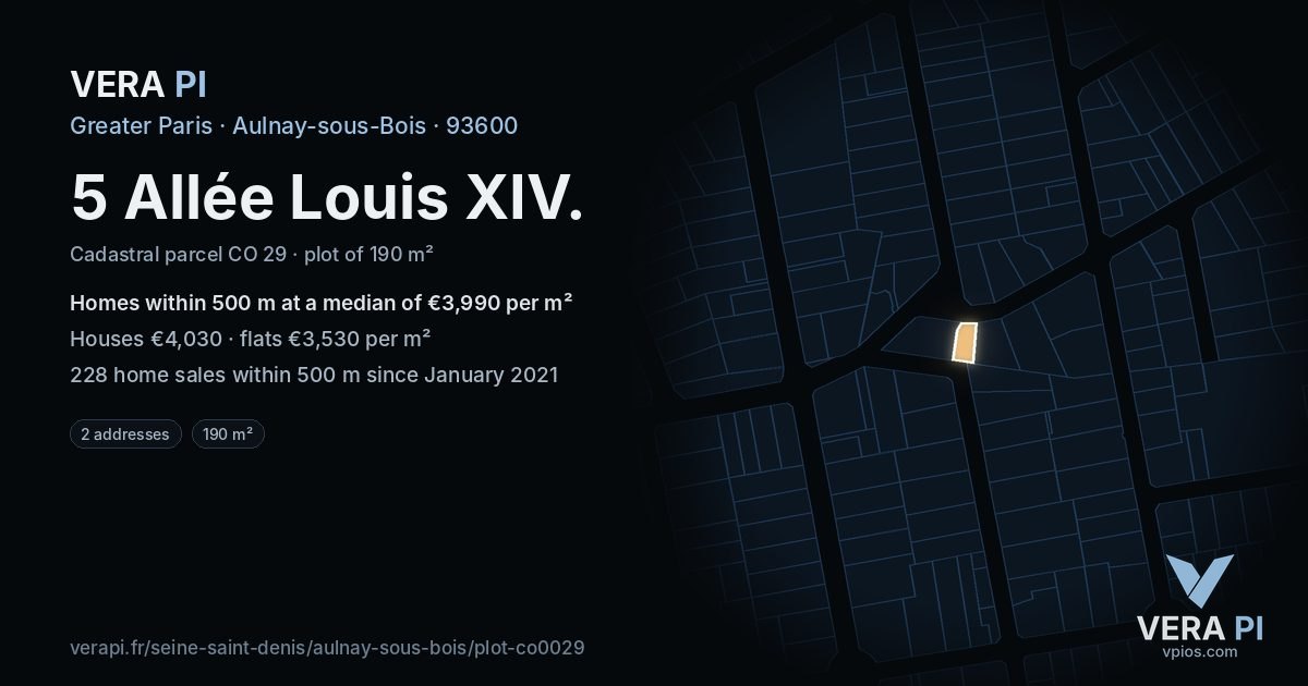 5 Allée Louis XIV, Aulnay-sous-Bois at night – the plot lit, the parcels around coloured by the prices near them