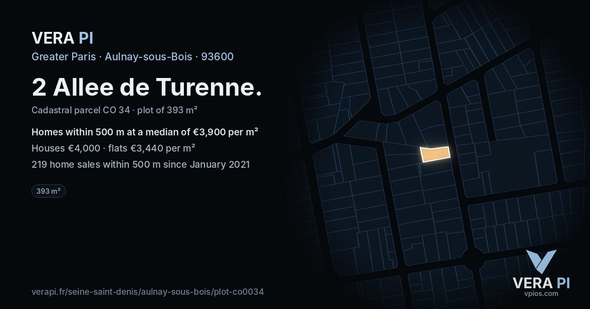 2 Allee de Turenne, Aulnay-sous-Bois at night – the plot lit, the parcels around coloured by the prices near them