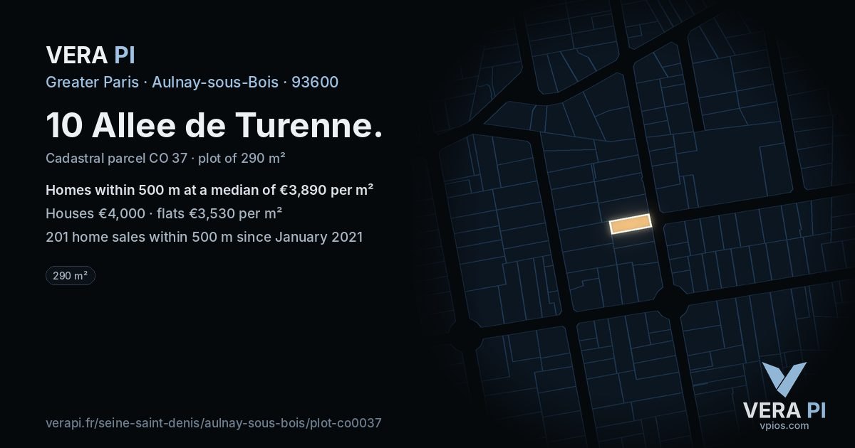 10 Allee de Turenne, Aulnay-sous-Bois at night – the plot lit, the parcels around coloured by the prices near them
