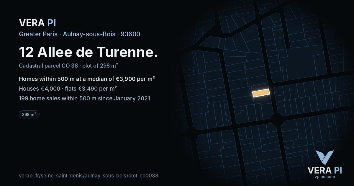 12 Allee de Turenne, Aulnay-sous-Bois at night – the plot lit, the parcels around coloured by the prices near them