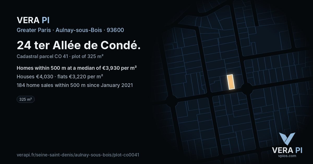 24 ter Allée de Condé, Aulnay-sous-Bois at night – the plot lit, the parcels around coloured by the prices near them