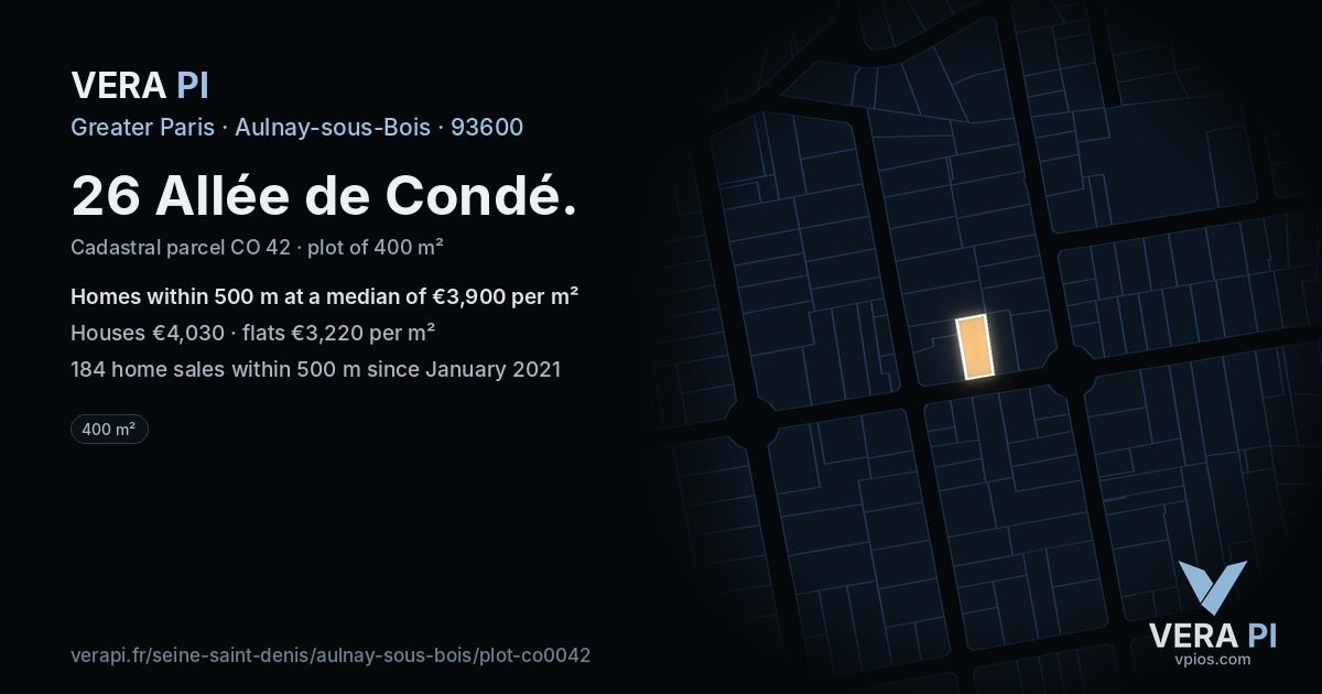 26 Allée de Condé, Aulnay-sous-Bois at night – the plot lit, the parcels around coloured by the prices near them