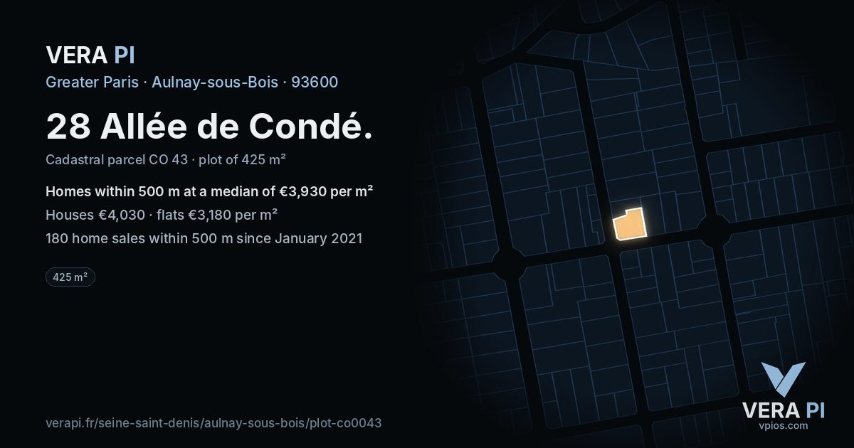 28 Allée de Condé, Aulnay-sous-Bois at night – the plot lit, the parcels around coloured by the prices near them