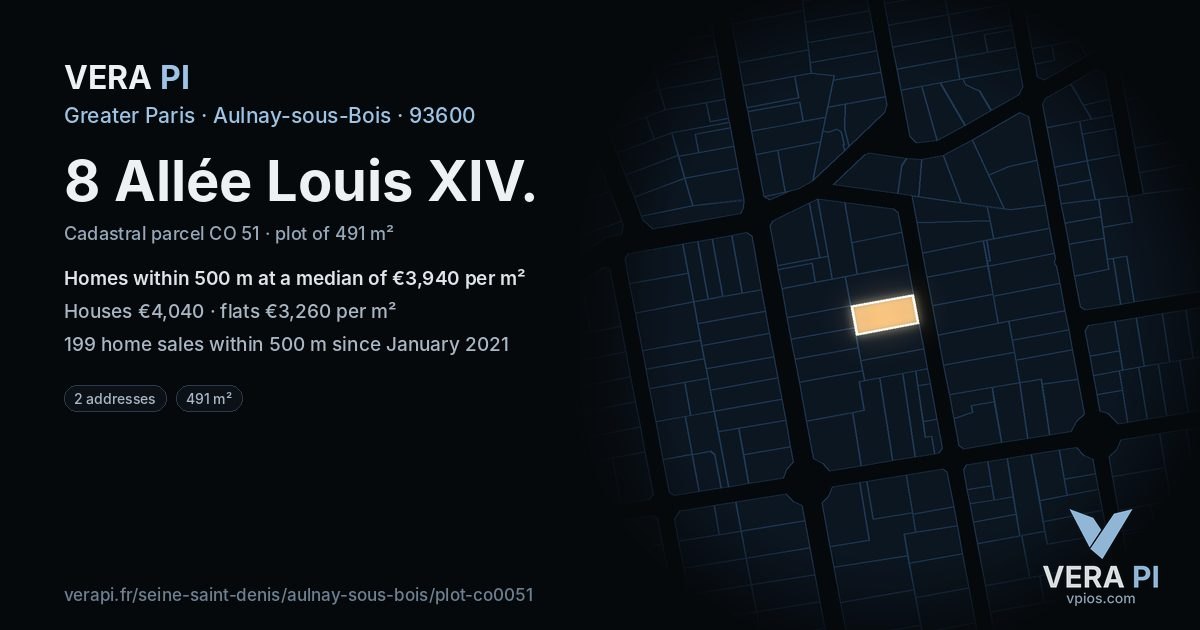 8 Allée Louis XIV, Aulnay-sous-Bois at night – the plot lit, the parcels around coloured by the prices near them