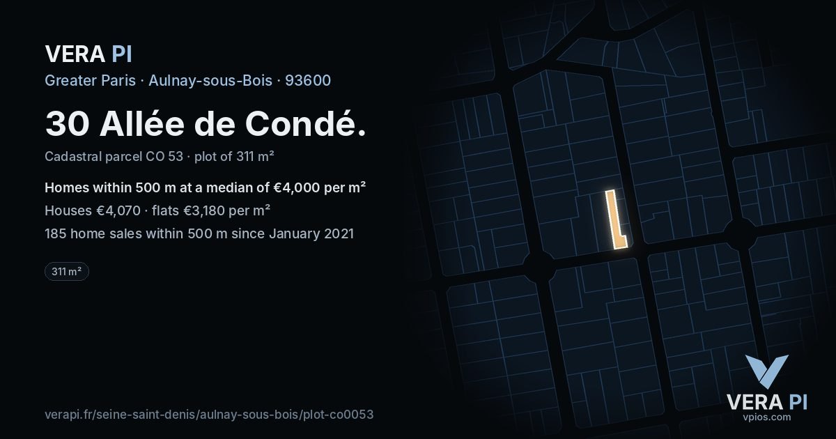 30 Allée de Condé, Aulnay-sous-Bois at night – the plot lit, the parcels around coloured by the prices near them