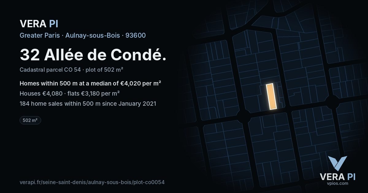 32 Allée de Condé, Aulnay-sous-Bois at night – the plot lit, the parcels around coloured by the prices near them