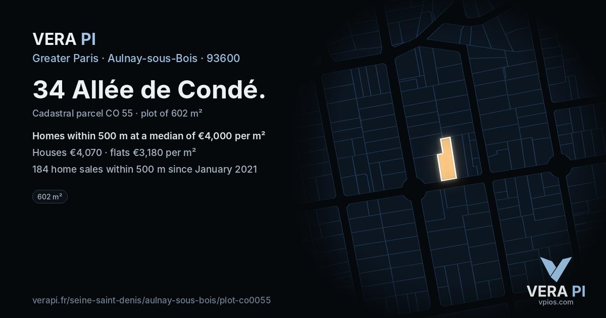 34 Allée de Condé, Aulnay-sous-Bois at night – the plot lit, the parcels around coloured by the prices near them