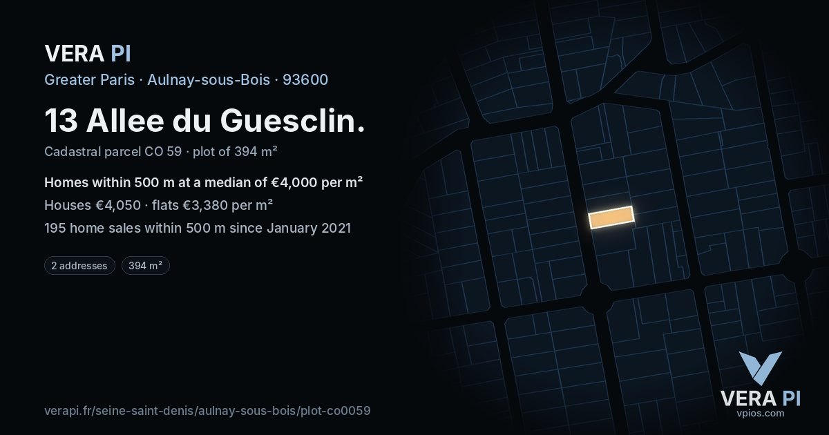 13 Allee du Guesclin, Aulnay-sous-Bois at night – the plot lit, the parcels around coloured by the prices near them