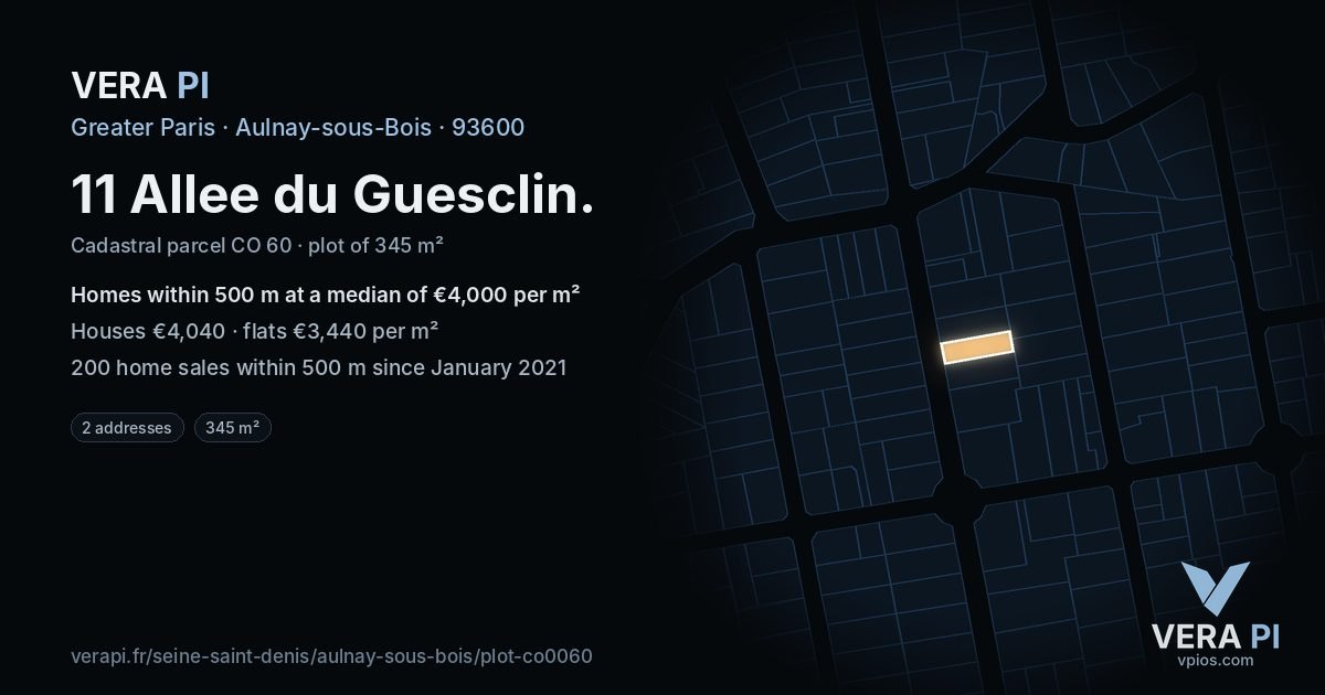 11 Allee du Guesclin, Aulnay-sous-Bois at night – the plot lit, the parcels around coloured by the prices near them