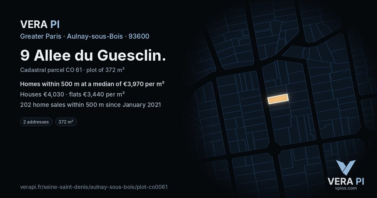 9 Allee du Guesclin, Aulnay-sous-Bois at night – the plot lit, the parcels around coloured by the prices near them