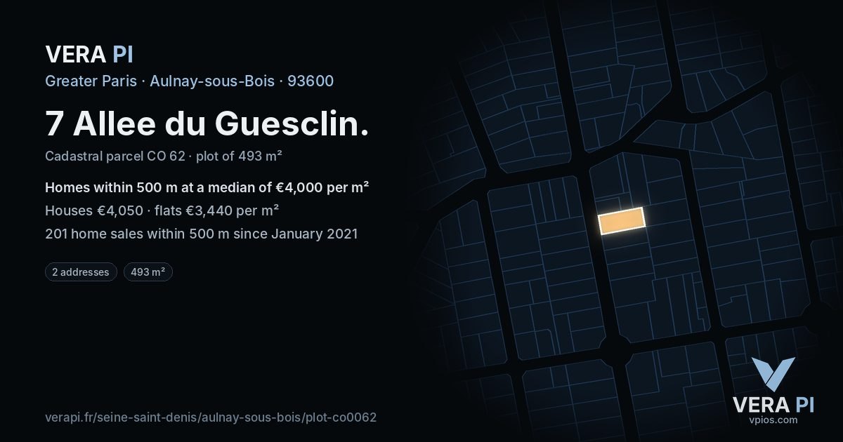 7 Allee du Guesclin, Aulnay-sous-Bois at night – the plot lit, the parcels around coloured by the prices near them
