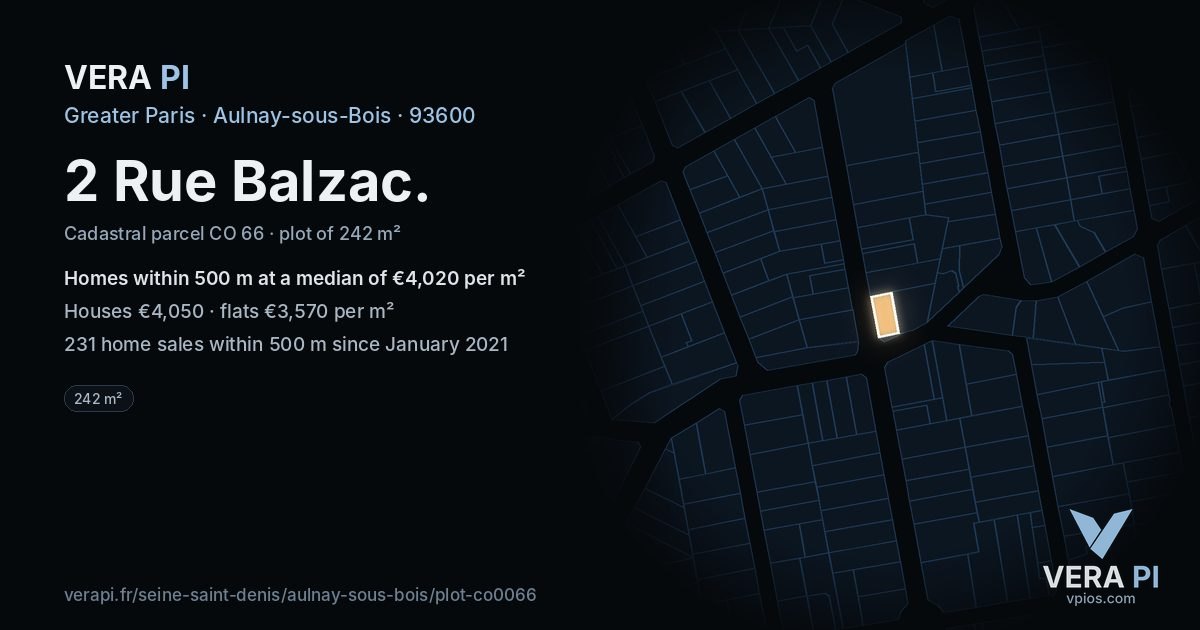 2 Rue Balzac, Aulnay-sous-Bois at night – the plot lit, the parcels around coloured by the prices near them