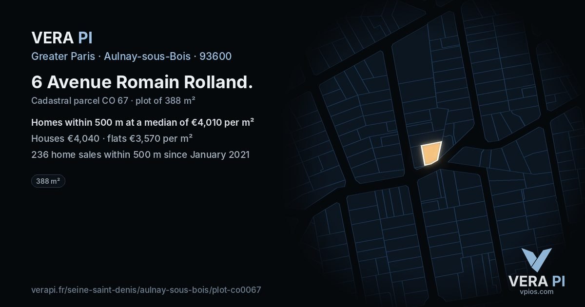6 Avenue Romain Rolland, Aulnay-sous-Bois at night – the plot lit, the parcels around coloured by the prices near them