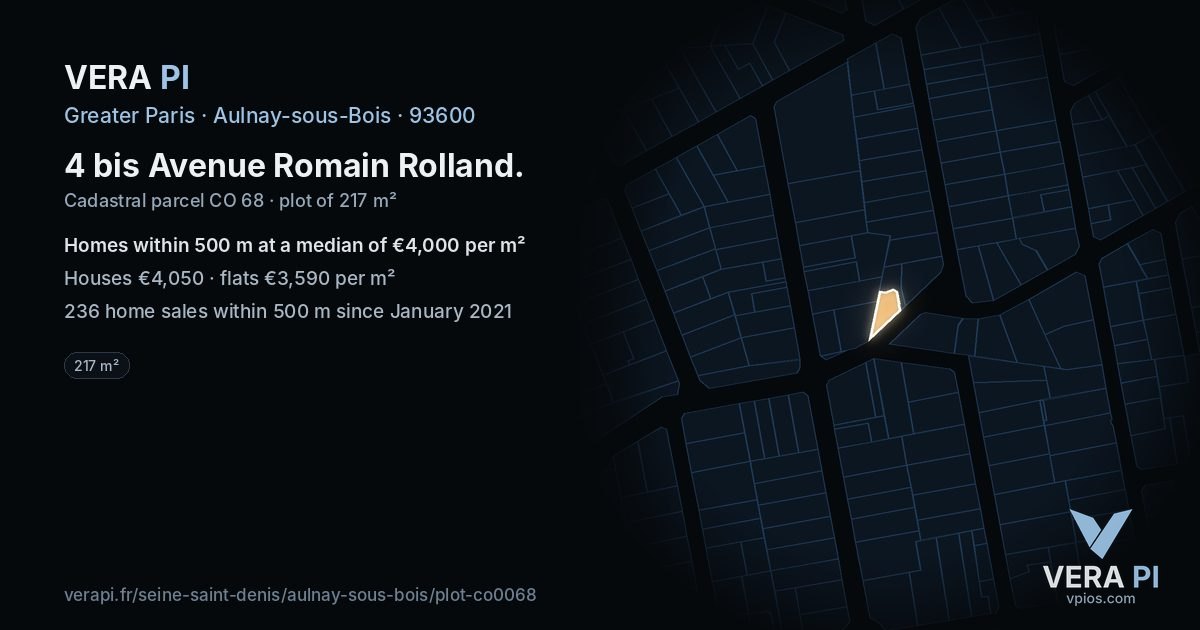 4 bis Avenue Romain Rolland, Aulnay-sous-Bois at night – the plot lit, the parcels around coloured by the prices near them