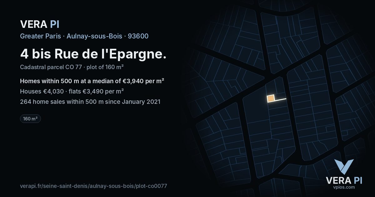 4 bis Rue de l'Epargne, Aulnay-sous-Bois at night – the plot lit, the parcels around coloured by the prices near them