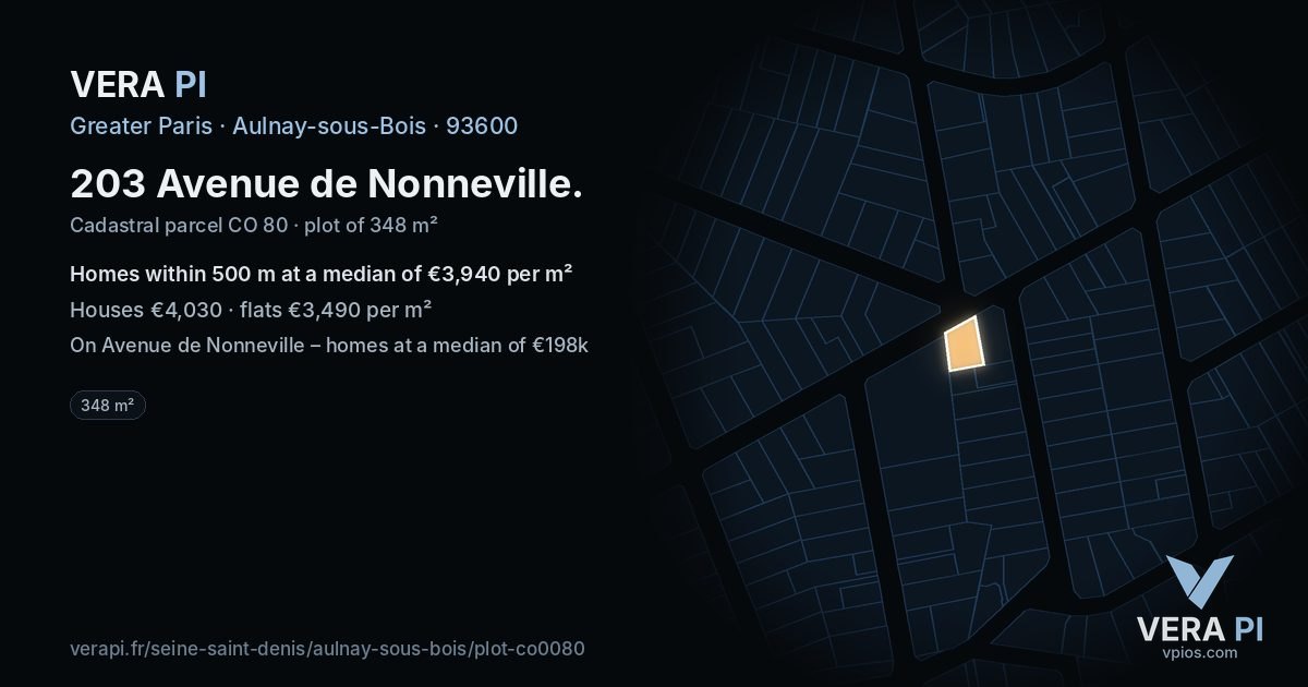 203 Avenue de Nonneville, Aulnay-sous-Bois at night – the plot lit, the parcels around coloured by the prices near them