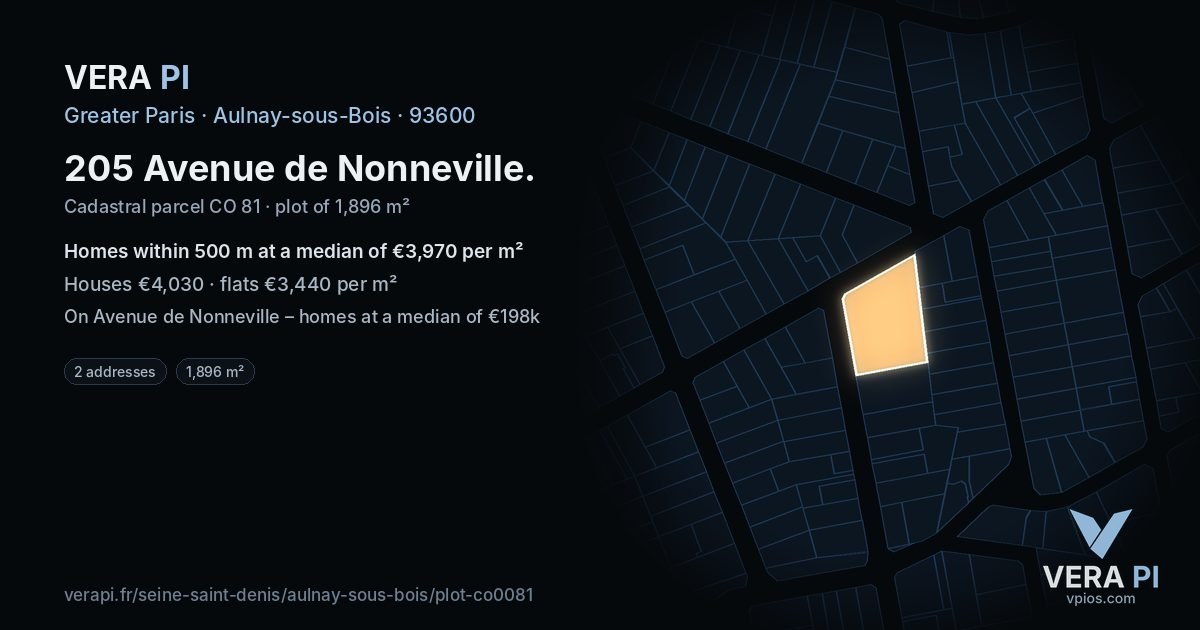 205 Avenue de Nonneville, Aulnay-sous-Bois at night – the plot lit, the parcels around coloured by the prices near them