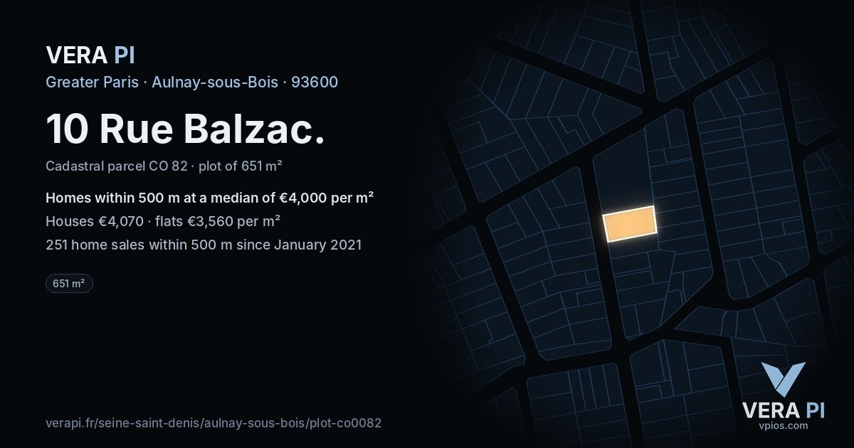 10 Rue Balzac, Aulnay-sous-Bois at night – the plot lit, the parcels around coloured by the prices near them