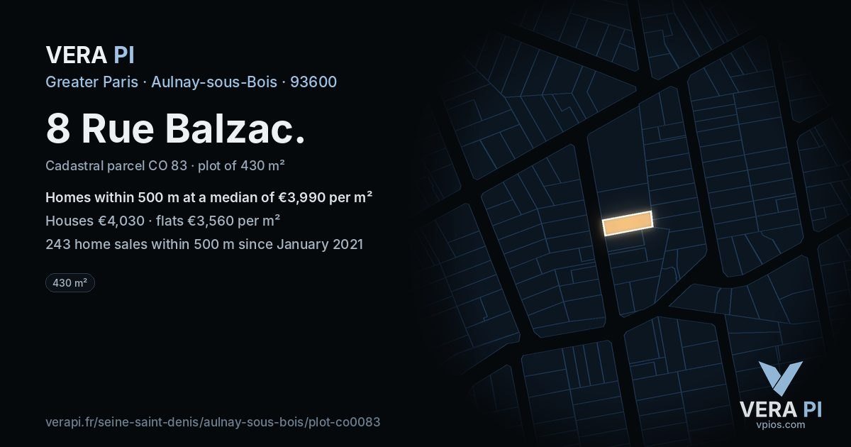 8 Rue Balzac, Aulnay-sous-Bois at night – the plot lit, the parcels around coloured by the prices near them