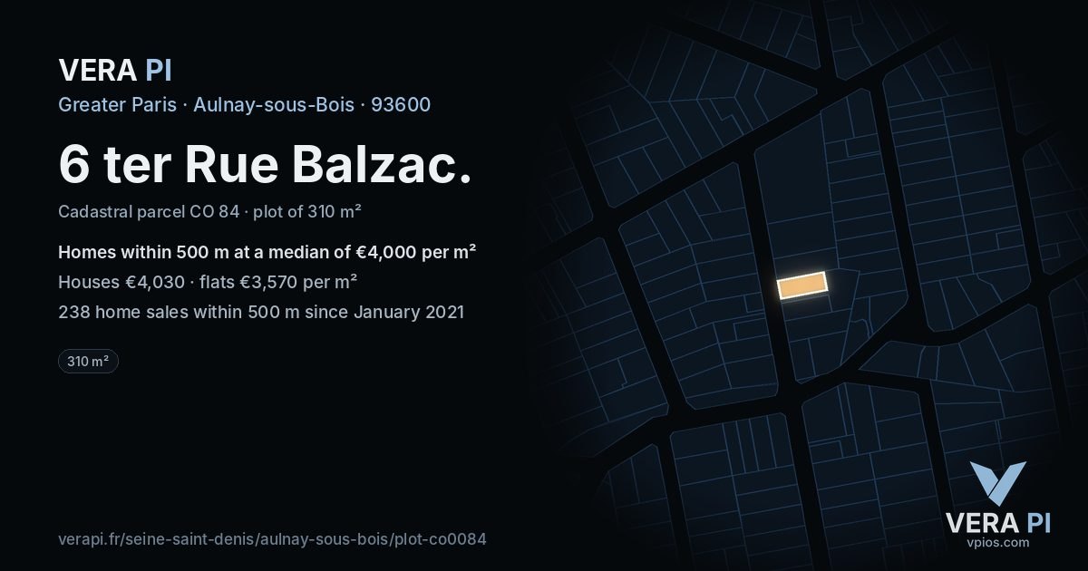 6 ter Rue Balzac, Aulnay-sous-Bois at night – the plot lit, the parcels around coloured by the prices near them