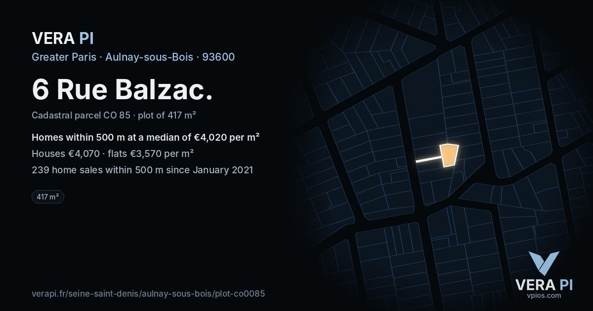 6 Rue Balzac, Aulnay-sous-Bois at night – the plot lit, the parcels around coloured by the prices near them