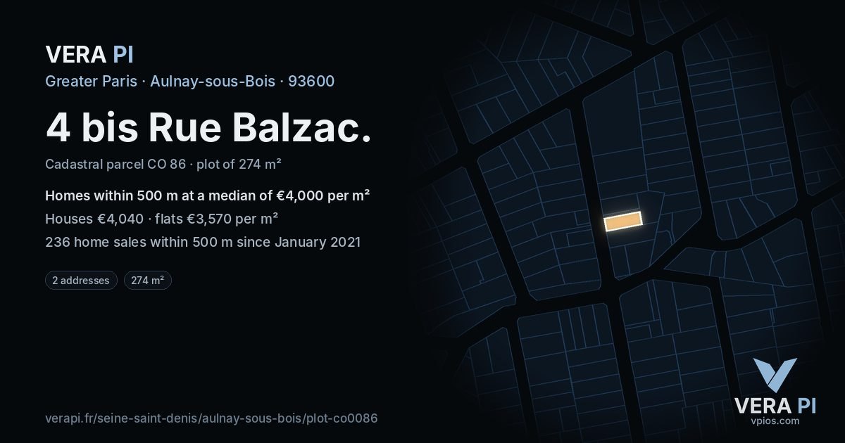 4 bis Rue Balzac, Aulnay-sous-Bois at night – the plot lit, the parcels around coloured by the prices near them