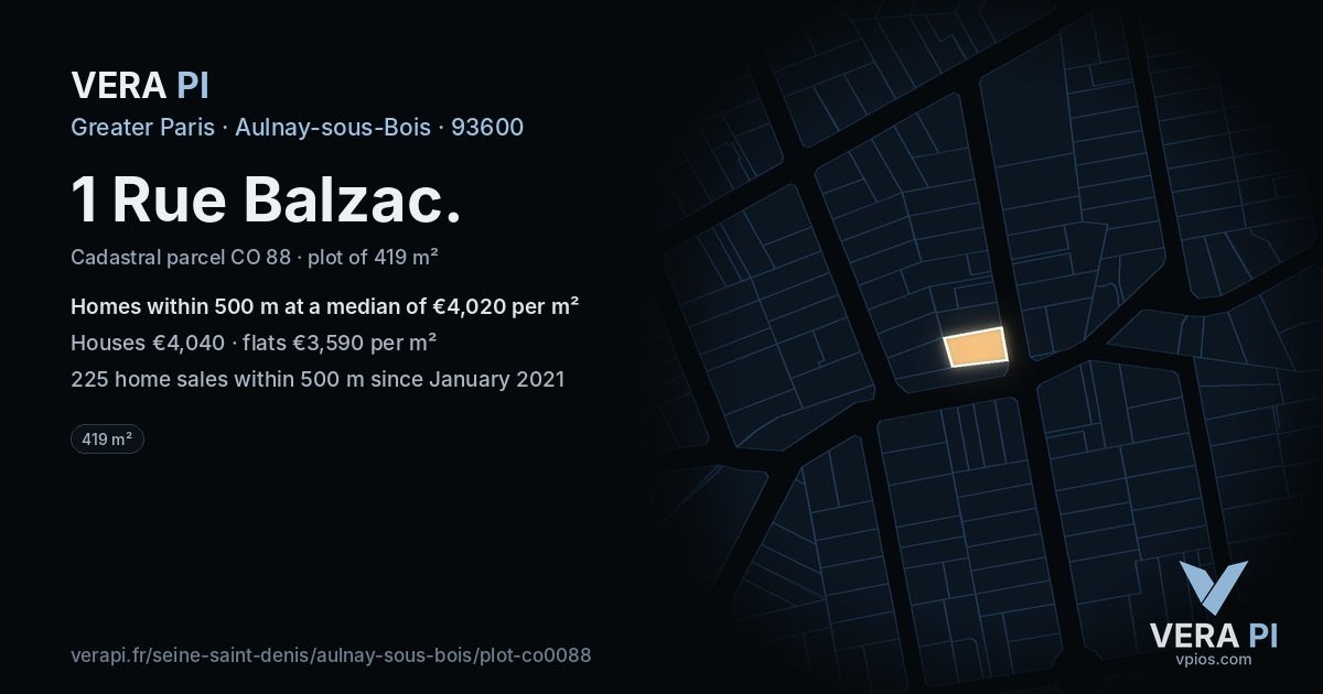 1 Rue Balzac, Aulnay-sous-Bois at night – the plot lit, the parcels around coloured by the prices near them