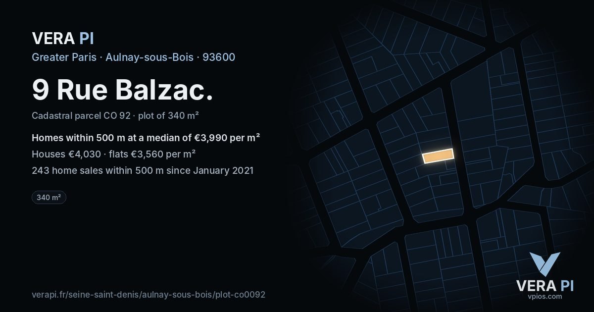 9 Rue Balzac, Aulnay-sous-Bois at night – the plot lit, the parcels around coloured by the prices near them
