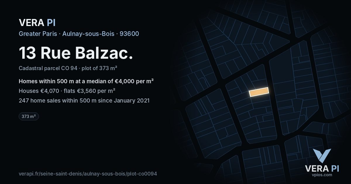 13 Rue Balzac, Aulnay-sous-Bois at night – the plot lit, the parcels around coloured by the prices near them