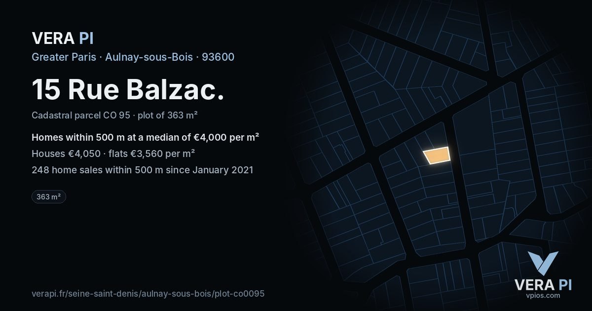 15 Rue Balzac, Aulnay-sous-Bois at night – the plot lit, the parcels around coloured by the prices near them