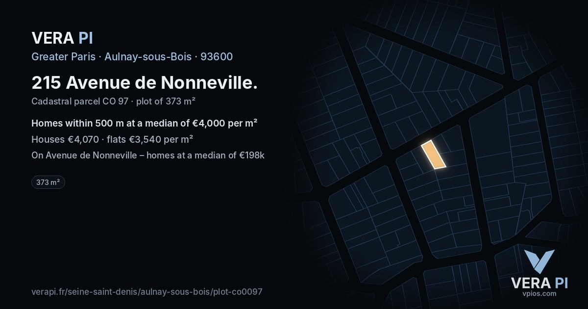 215 Avenue de Nonneville, Aulnay-sous-Bois at night – the plot lit, the parcels around coloured by the prices near them