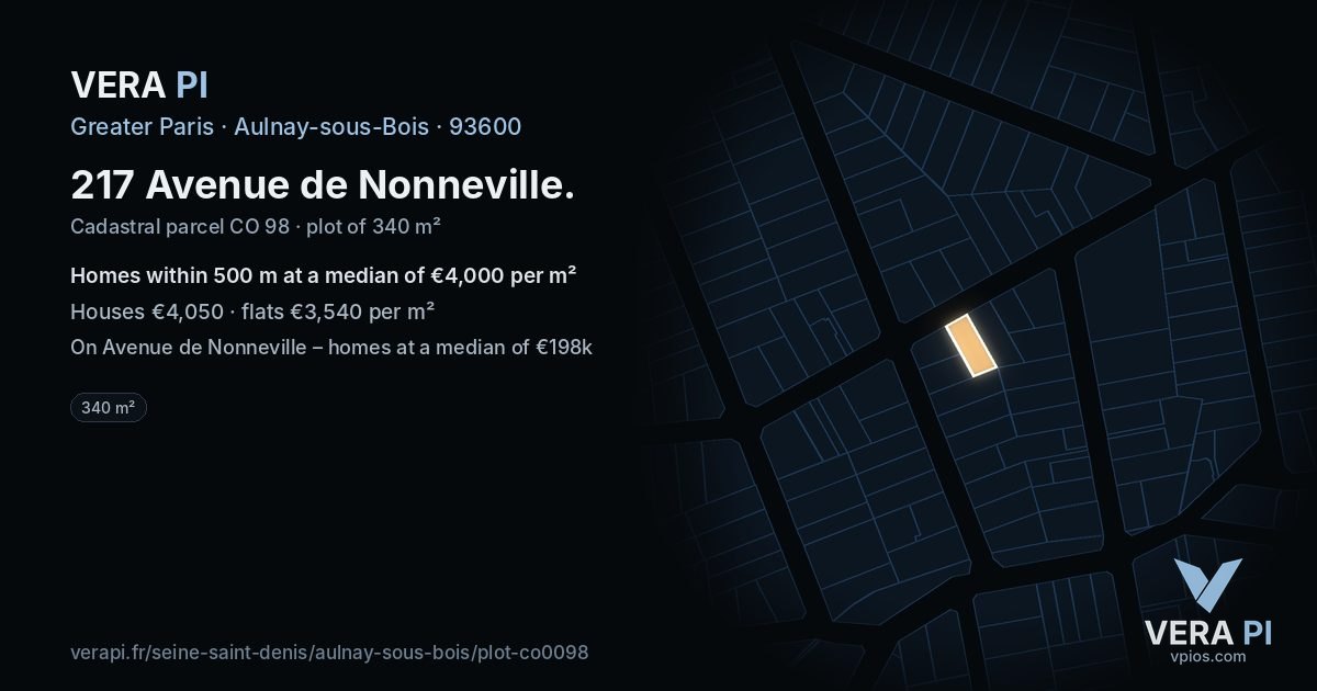 217 Avenue de Nonneville, Aulnay-sous-Bois at night – the plot lit, the parcels around coloured by the prices near them
