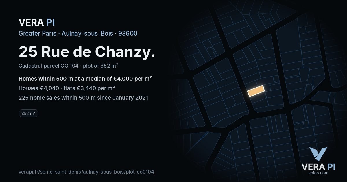 25 Rue de Chanzy, Aulnay-sous-Bois at night – the plot lit, the parcels around coloured by the prices near them