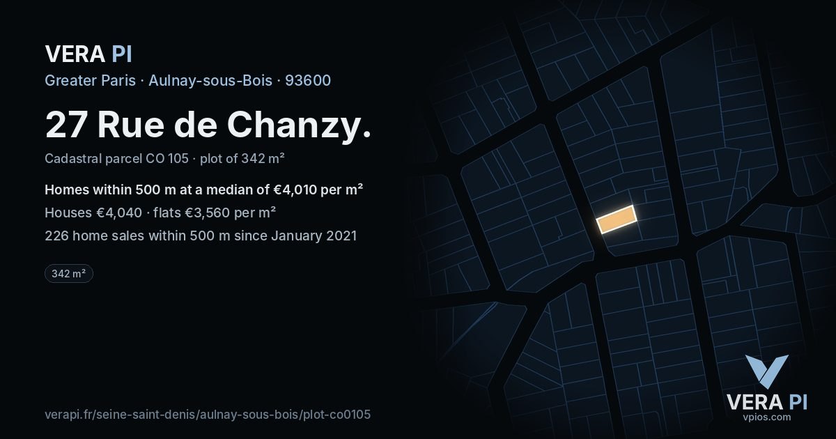 27 Rue de Chanzy, Aulnay-sous-Bois at night – the plot lit, the parcels around coloured by the prices near them