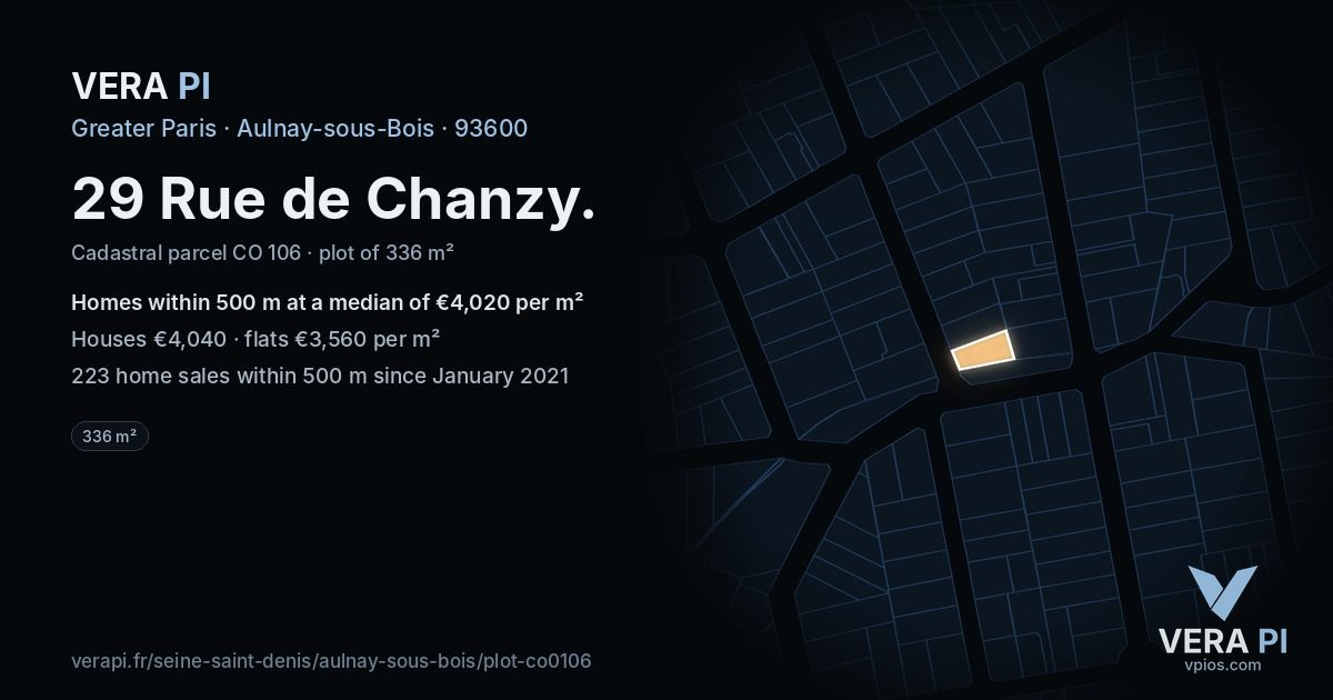 29 Rue de Chanzy, Aulnay-sous-Bois at night – the plot lit, the parcels around coloured by the prices near them