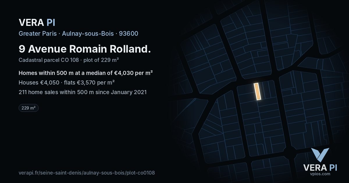9 Avenue Romain Rolland, Aulnay-sous-Bois at night – the plot lit, the parcels around coloured by the prices near them