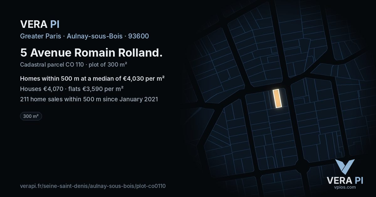 5 Avenue Romain Rolland, Aulnay-sous-Bois at night – the plot lit, the parcels around coloured by the prices near them