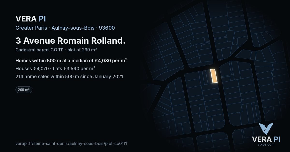 3 Avenue Romain Rolland, Aulnay-sous-Bois at night – the plot lit, the parcels around coloured by the prices near them