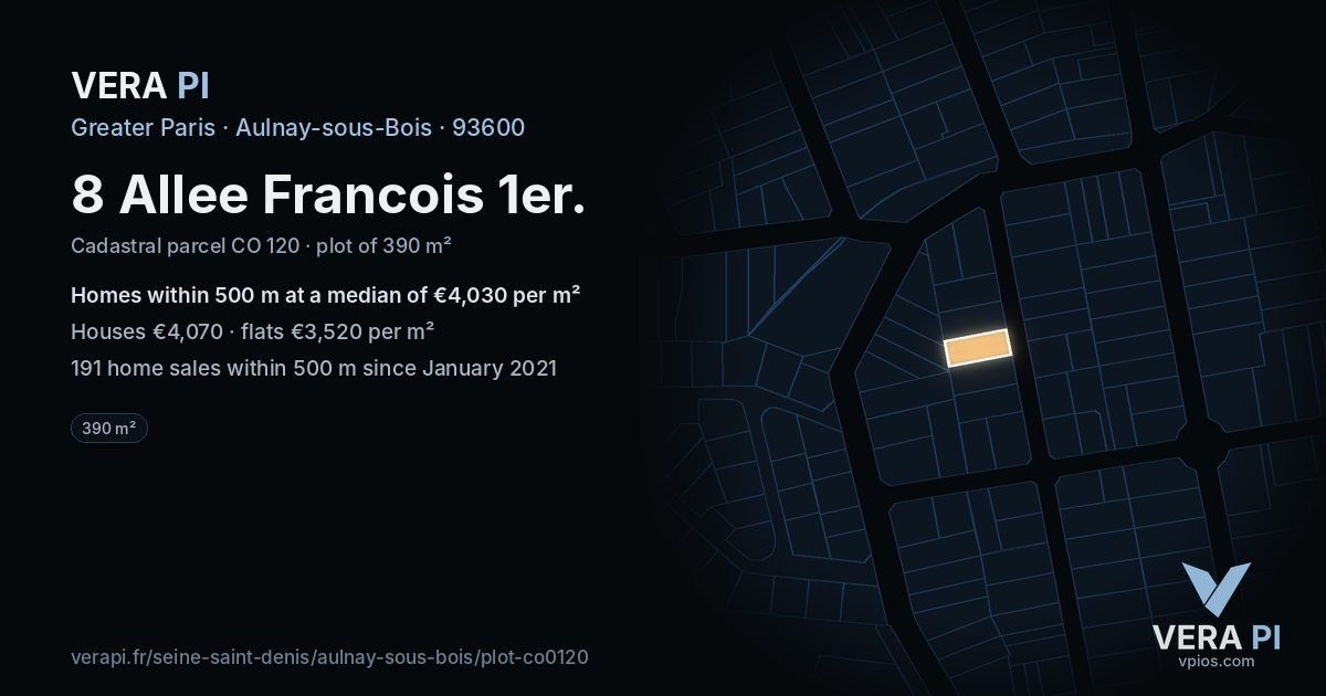 8 Allee Francois 1er, Aulnay-sous-Bois at night – the plot lit, the parcels around coloured by the prices near them