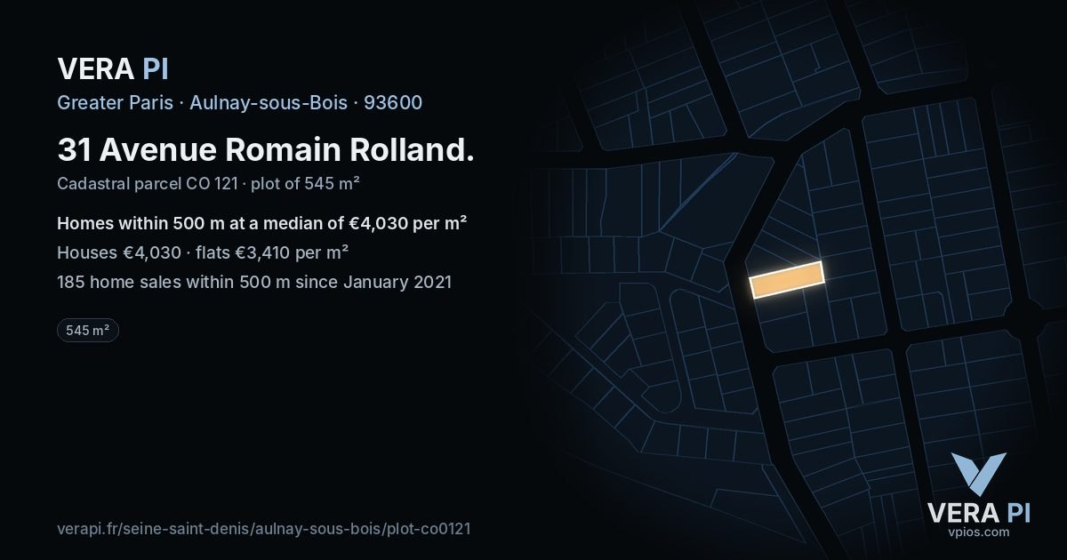 31 Avenue Romain Rolland, Aulnay-sous-Bois at night – the plot lit, the parcels around coloured by the prices near them