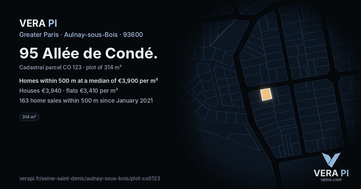 95 Allée de Condé, Aulnay-sous-Bois at night – the plot lit, the parcels around coloured by the prices near them