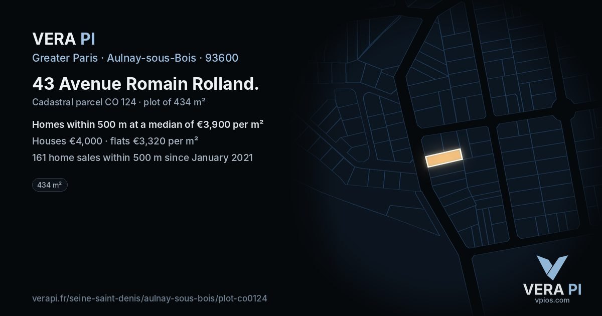 43 Avenue Romain Rolland, Aulnay-sous-Bois at night – the plot lit, the parcels around coloured by the prices near them