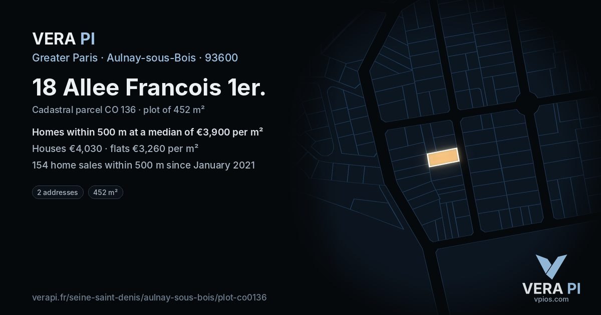 18 Allee Francois 1er, Aulnay-sous-Bois at night – the plot lit, the parcels around coloured by the prices near them