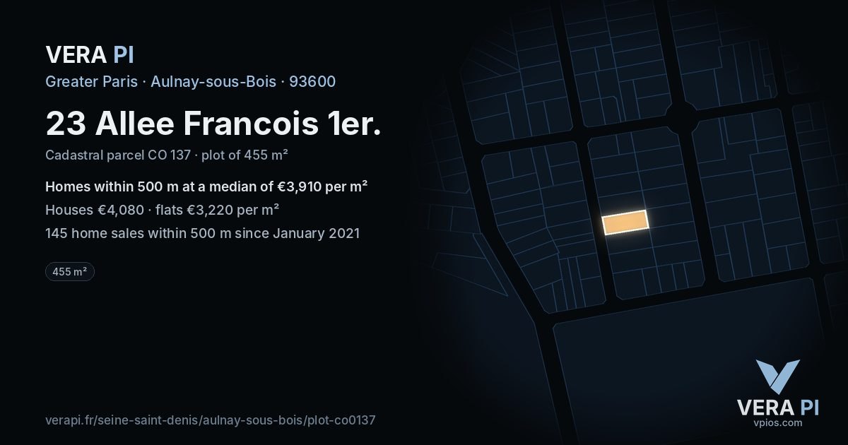 23 Allee Francois 1er, Aulnay-sous-Bois at night – the plot lit, the parcels around coloured by the prices near them